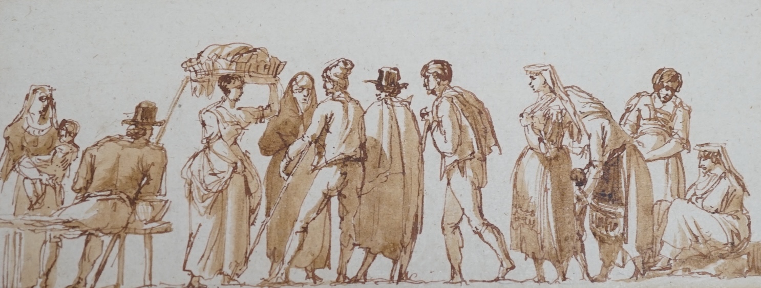 Four 18th/19th century Italian sepia ink sketches, including 'Figures near A Vasca, perhaps at Naples', largest 14 x 11cm. Condition - fair, some minor discolouration commensurate with age